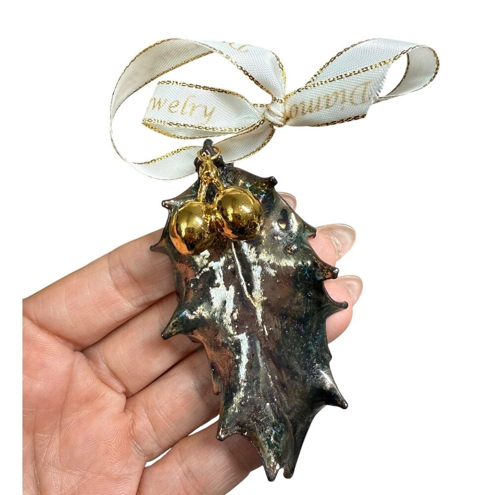 Real Holly Leaf & Berries 24k Gold Sterling Silver Plated Christmas Ornament 3"‎